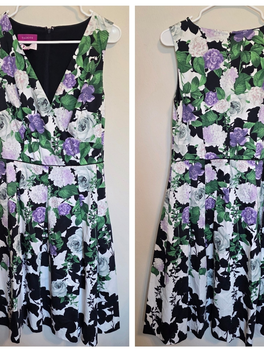 Talbots Black, White & Lavender Floral Fit-and-Flare Midi Dress